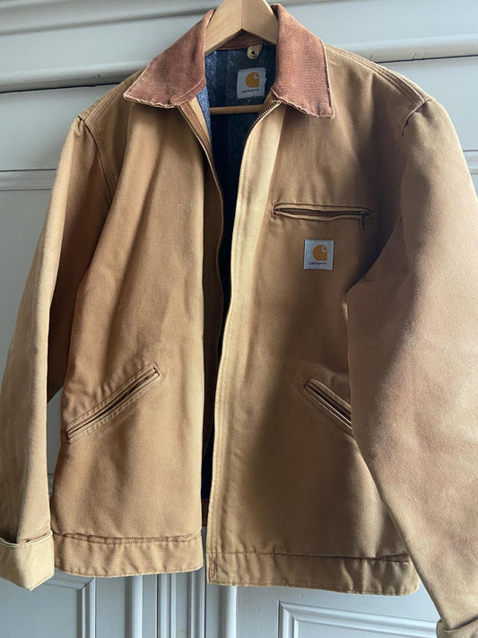 Vintage Carhartt Detroit Jacket USA Made • Tan Duck Canvas Workwear • Blanket Lined Work Jacket • Corduroy Collar • XL J01 BRN