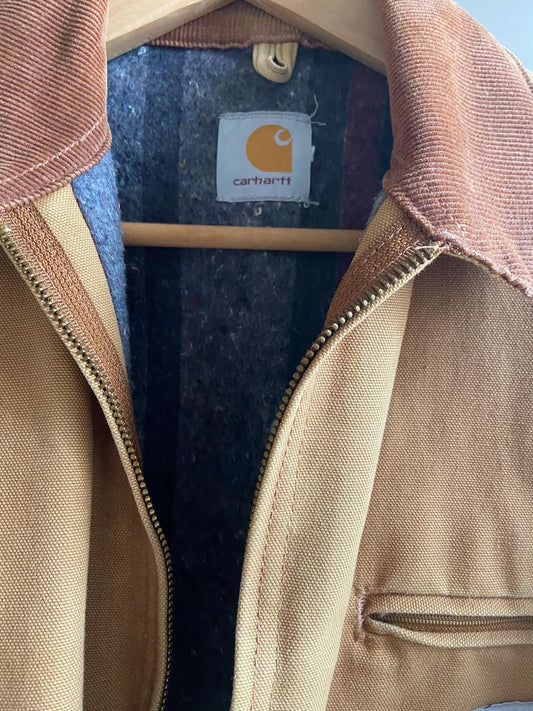 Vintage Carhartt Detroit Jacket USA Made • Tan Duck Canvas Workwear • Blanket Lined Work Jacket • Corduroy Collar • XL J01 BRN